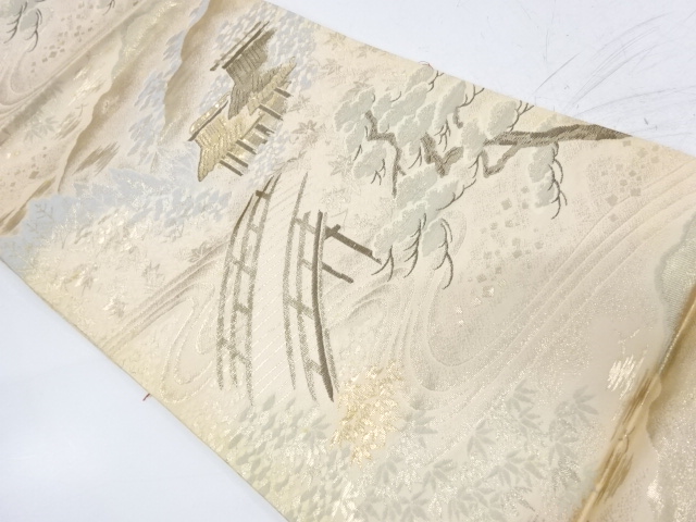 アンティーク　純金二重箔家屋風景模様織出し袋帯（材料）